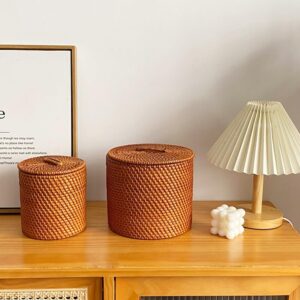 Storage Basket with Lid,6x6inch Rattan Basket Decorative Boxes,Handmade Rattan Storage Cylinder Wicker Storage Bin Round Rattan Storage Basket with Lid Household Organizer Box