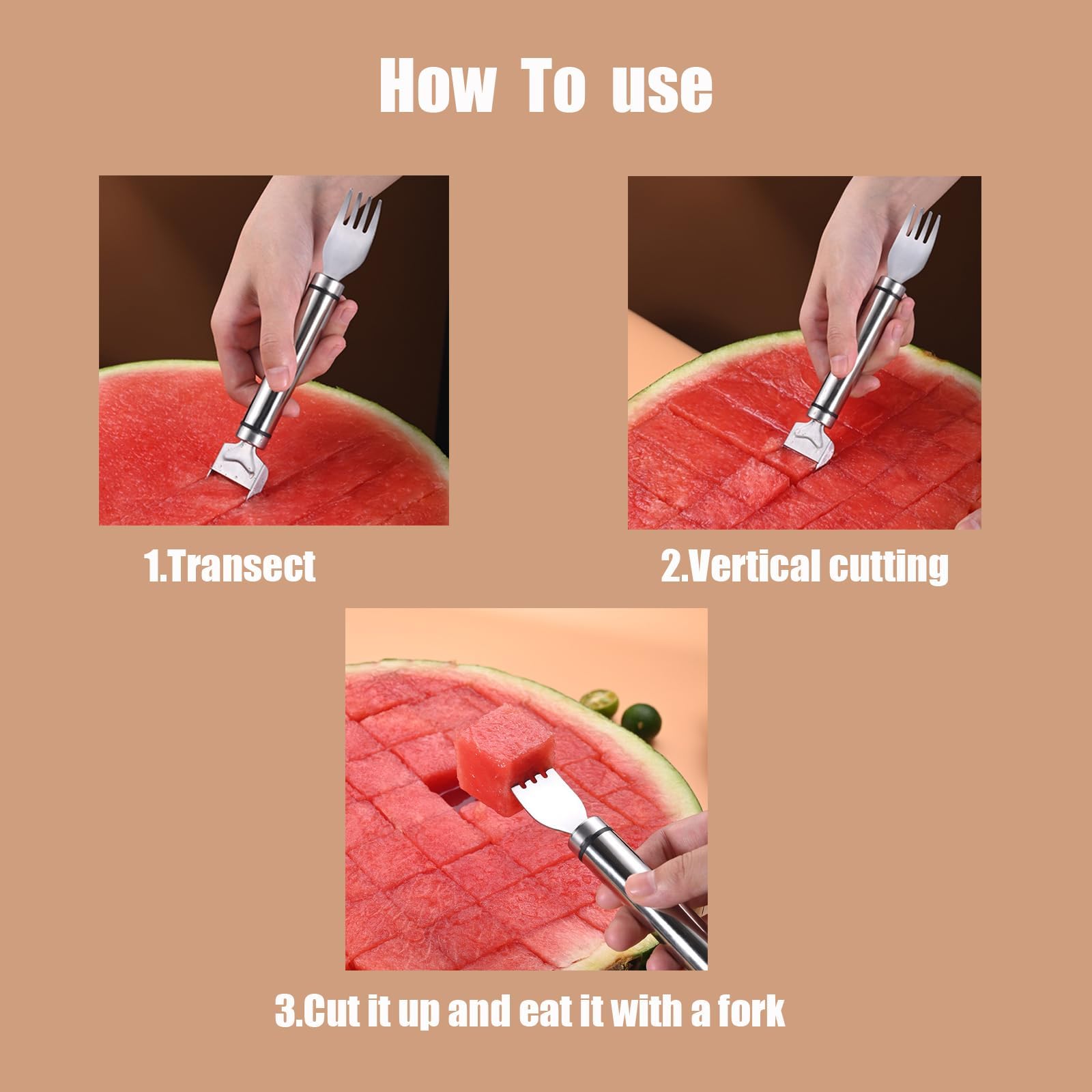 2Pcs 2024 New Watermelon Cutter, 2-in-1 Stainless Steel Fruit Knife Watermelon Fork Slicer Cutter Slicer Tool Dual Head Fruit Forks Slicer Knife Summer Portable Fruit Cutting Knife Fork (2, Silver)