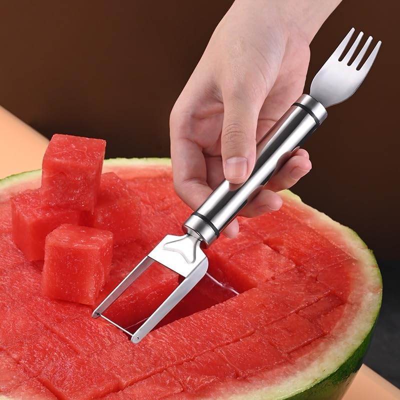 2Pcs 2024 New Watermelon Cutter, 2-in-1 Stainless Steel Fruit Knife Watermelon Fork Slicer Cutter Slicer Tool Dual Head Fruit Forks Slicer Knife Summer Portable Fruit Cutting Knife Fork (2, Silver)