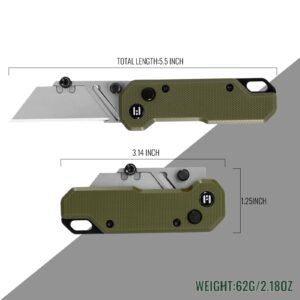 HIGHTRON Vectron Folding Utility Knife Box Cutter,Box Cutter Knife,Pocket Carpet Knife,Razor Knife with G10 Handle&Belt Clip,Quick-change Blade,Utility Pocket EDC Knife with 10 Extra SK2 Blades(Green)