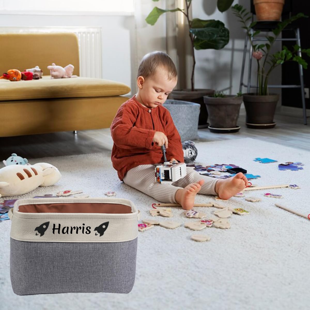 Personalized storage boxes for children Customize the name and icon, A foldable storage box bins for children's clothes, toys, books, etc Storage baskets suitable for both boys and girls (Gray)