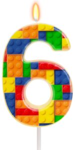 building blocks birthday cake candle - numeral birthday candles for boys girls, building block candles cake topper themed party cake decorations (number 6)