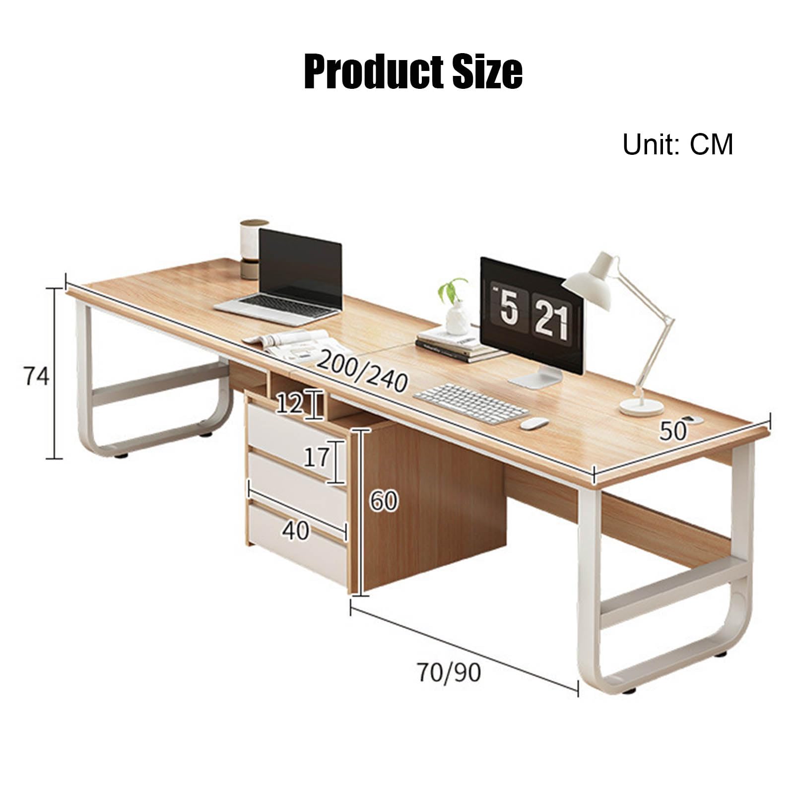 SUZEPER Two Person Desk with Drawers,Extra Long Desk with Storage Cabinet Shelf, Double Computer Gaming Desk, 2 Person Desk Writing Study Desk for Home Office Desk (200x50x73cm(79x20x29inch), C)