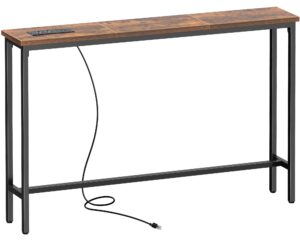 superjare 5.9 inch console table with outlet, sofa table, behind couch table, 5.9 x 39.4 x 29.1 inches, metal frame, narrow entryway table, for living room, hallway, rusitc brown