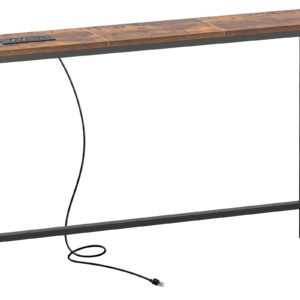 SUPERJARE 5.9 Inch Console Table with Outlet, Sofa Table, Behind Couch Table, 5.9 x 39.4 x 29.1 Inches, Metal Frame, Narrow Entryway Table, for Living Room, Hallway, Rusitc Brown