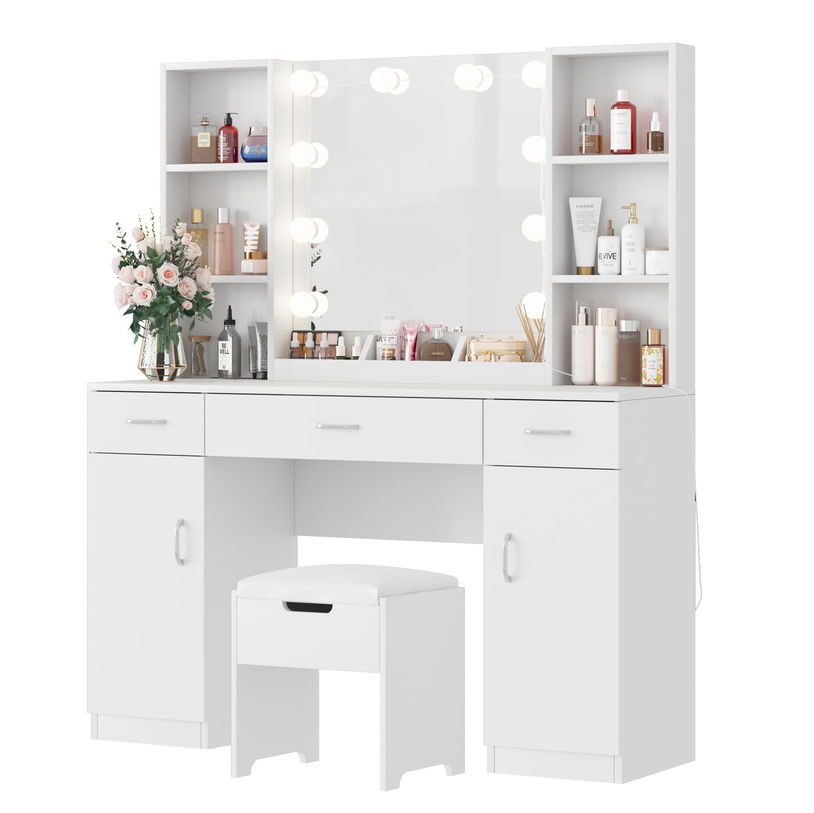 Vabches Vanity with Lighted Mirror, Large Vanity Desk Makeup Vanity Table Set with Comfortable Bench and Side Cabinets, Lots Storage, 45.2inch, White