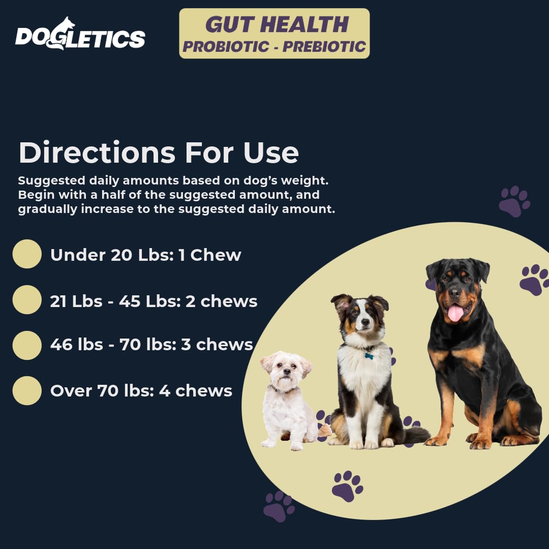 Dogletics Gut Health Probiotic & Prebiotic - 90ct Support Stomach Microbiome, Prevent Digestive Problems, Reduce Anal Gland Issues, Improve Immune Function and Overall Energy