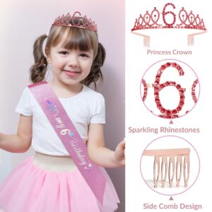 Llivseet 6th Pink Birthday Decorations Girl Includes Birthday Sash and Tiara Crown for Girls,Number Balloon & Candle,Birthday Cake Topper, 6 Year Old Girl Birthday Gifts Ideas Party Favor Supplies