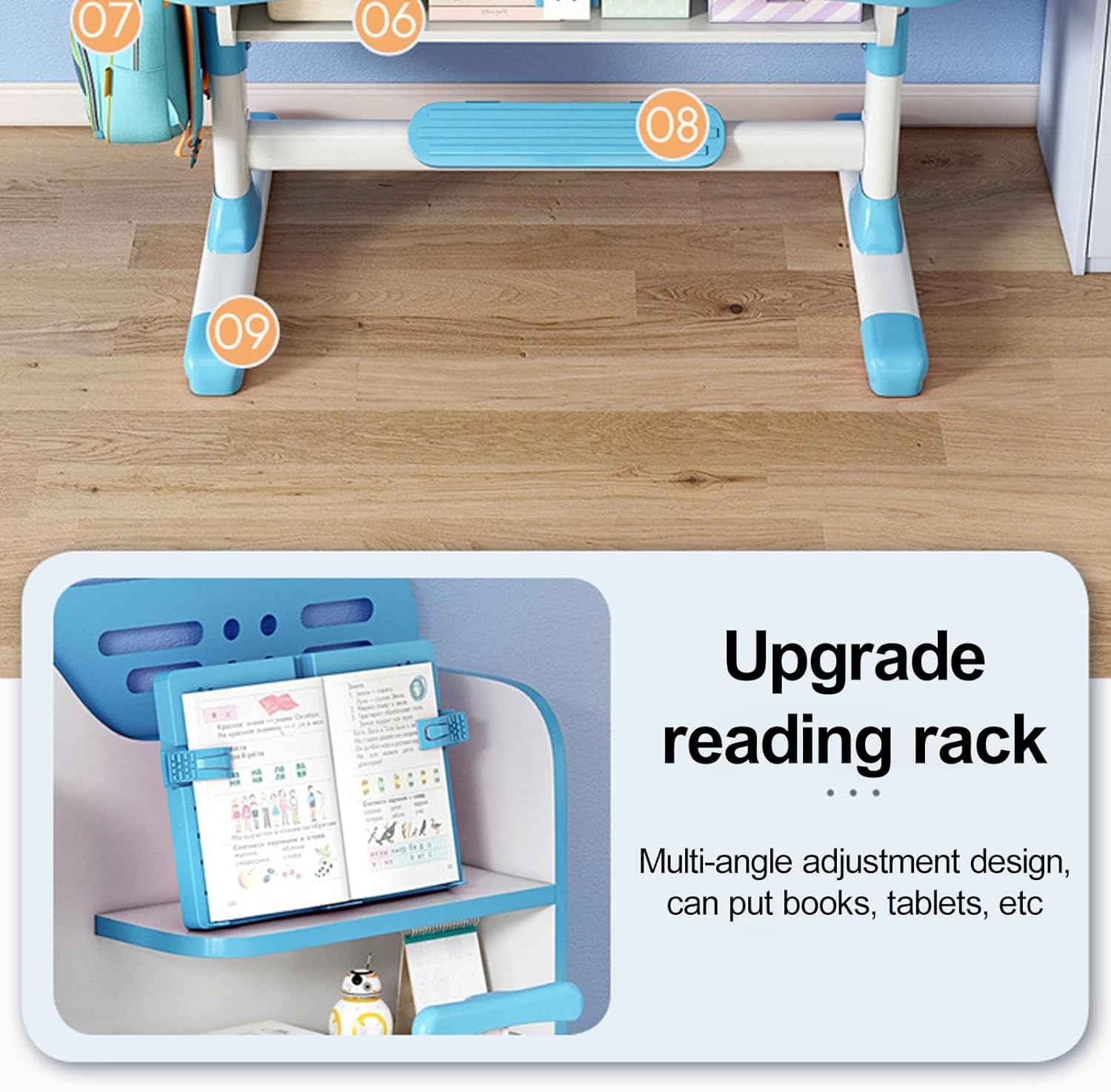 Kids desk and chair set,Premium Kids Study Desk Chair Set,Height Adjustable Children's Desk and Chair School Study Table Chair ,Ergonomic Desk Chair with Writing Board, Bookshelf and Drawer (Blue)