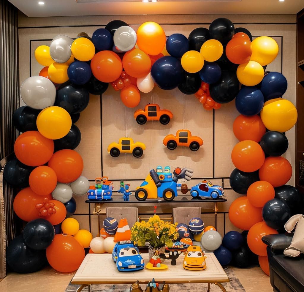 Race Car Balloon Arch - Blue Black Yellow Balloons Double Stuffed Black White Sand Yellow Balloons Navy Blue Orange Beige Balloon Garland Kit for Race Car Fire Truck Birthday Baby Shower Party Decor