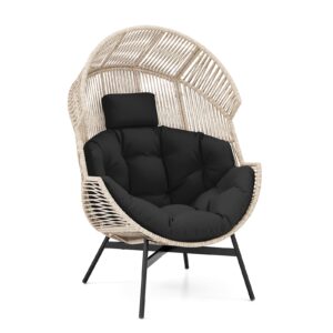 tangkula oversized egg style chair, wicker stationary patio egg chair w/cushions & headrest, heavy-duty metal frame, patio lounge basket sofa chair for yard, porch, living room