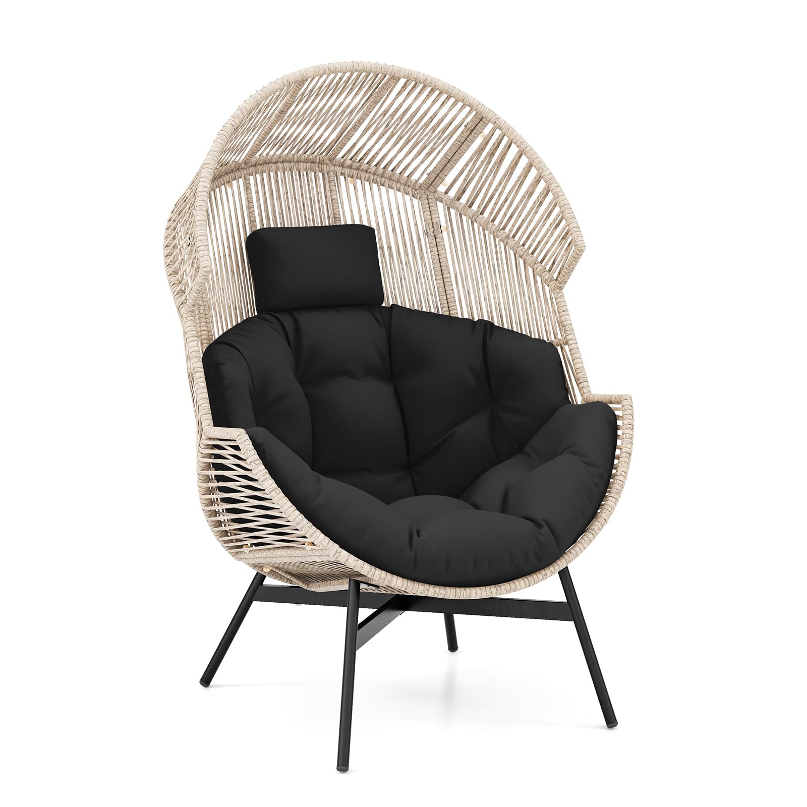 Tangkula Oversized Egg Style Chair, Wicker Stationary Patio Egg Chair w/Cushions & Headrest, Heavy-Duty Metal Frame, Patio Lounge Basket Sofa Chair for Yard, Porch, Living Room