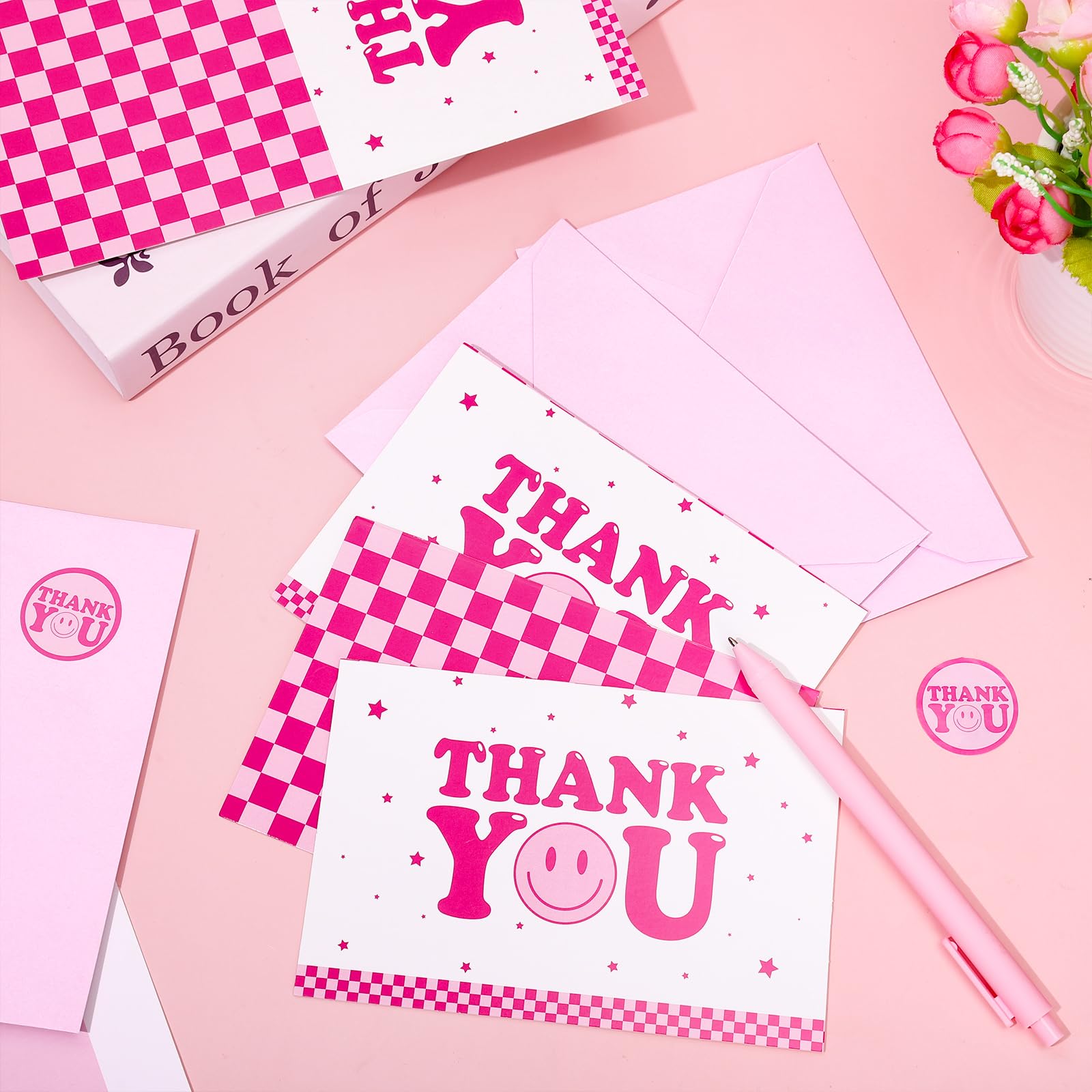 Whaline 20 Set One Happy Dude Thank You Greeting Cards with Envelopes and Stickers Hot Pink Smile Face Thank You Cards for Back to School Wedding Baby Shower Graduation Baby Bridal Birthday