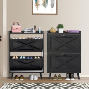 SUNCROWN Shoe Cabinet Storage with 2 Flip Drawers, Freestanding Shoe Organizer with Wooden Legs, Narrow Entryway Shoes Storage Cabinet, Shoe Rack Shelves,Black-Small