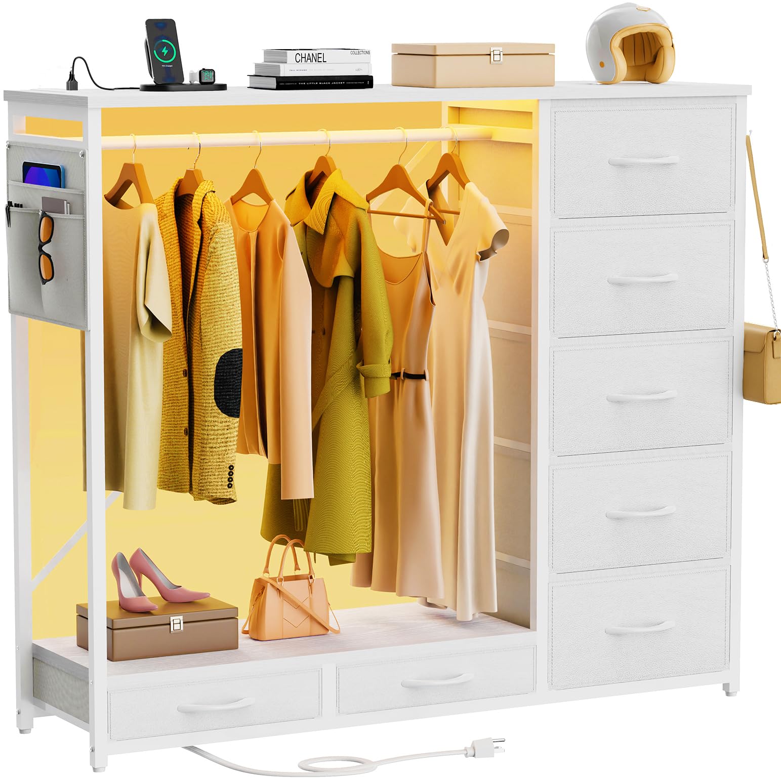 SZLHANJZ Dresser for Bedroom with Hanging Rack, 7 Drawer Clothes Storage Chest with Lights and Charging Station, Wardrobe Dresser with Hooks and Pocket, Wood Top, Nursery White