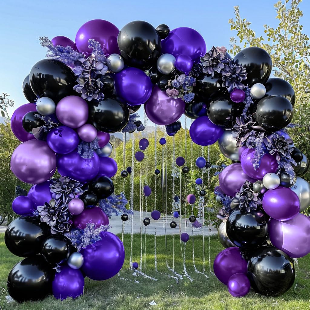 Purple Black Silver Balloon Garland - Double Stuffed Dark Purple Black Balloons Metallic Purple Silver Balloons Lavender Lilac Balloon Arch Kit for Birthday Baby Shower Anniversary Wedding Party Decor