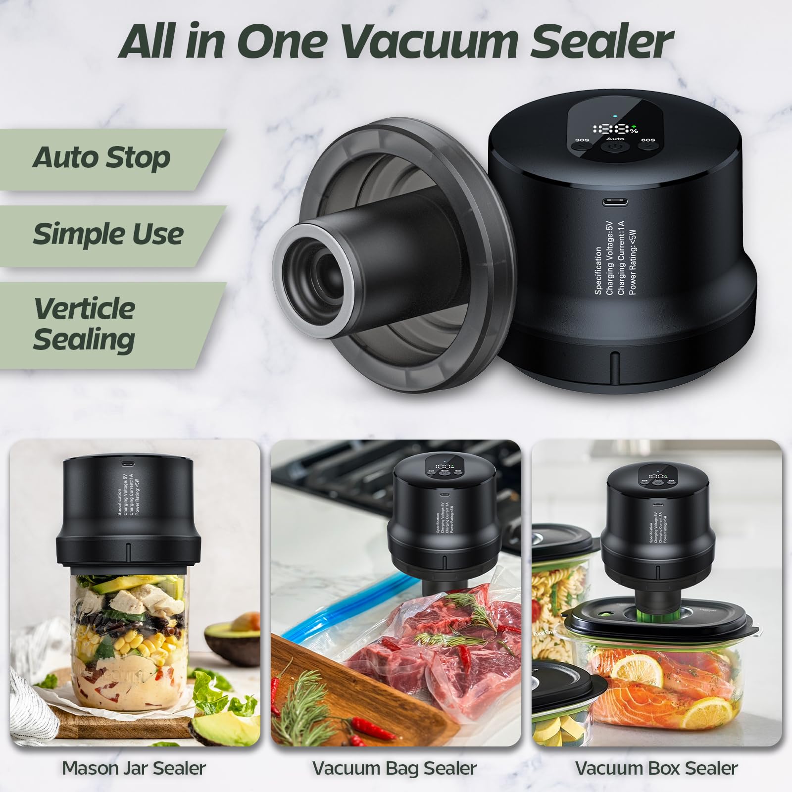 Fully Automatic Mason Jar Vacuum Sealer for Regular & Wide Mouth Mason Jars, Canning & Sous Vide Bags Vacuum Sealer Mason Jar, Jar Sealer Vacuum Sealing, Food Saver Vacuum Sealer for Jars