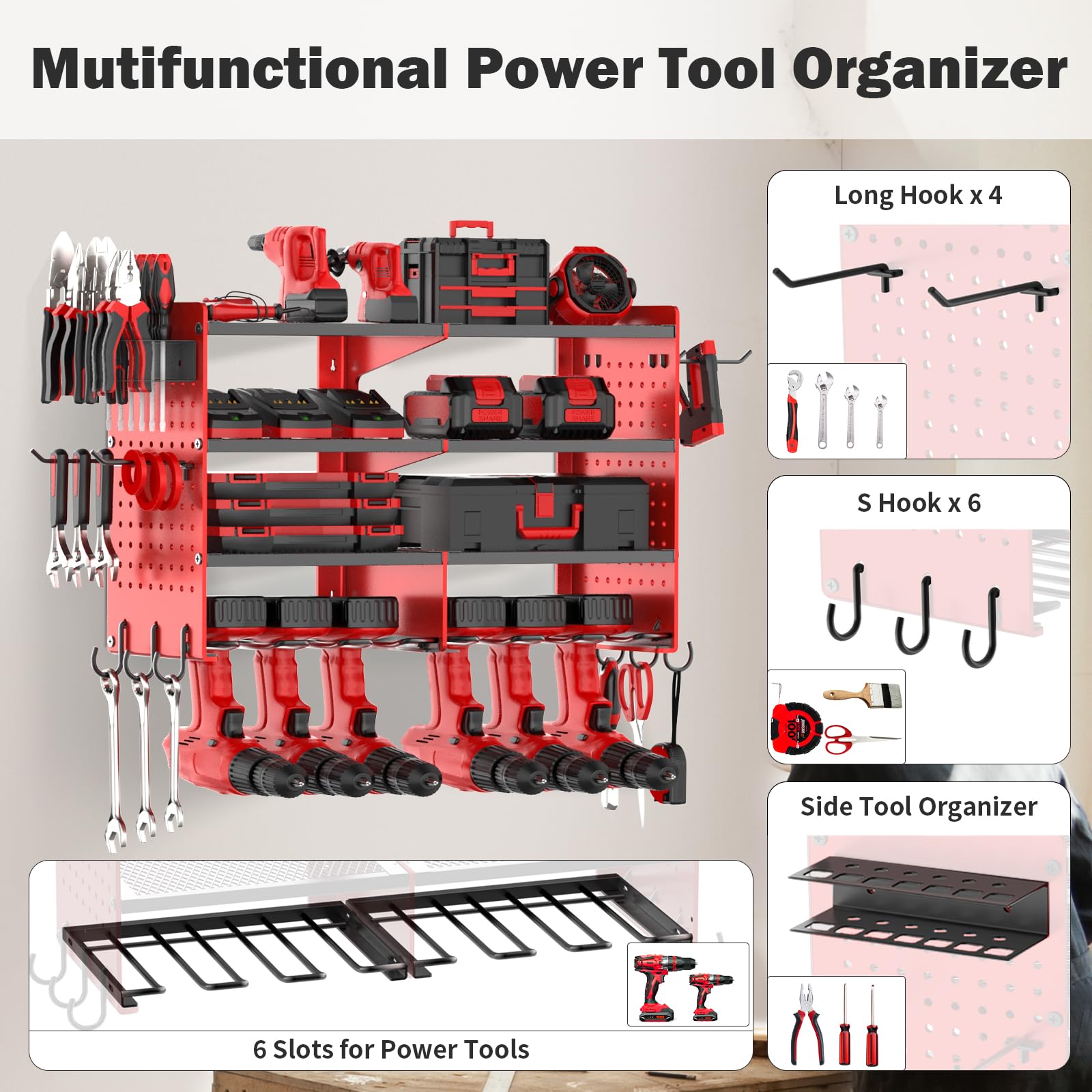 TomCare Power Tool Organizer Wall Mount 4 Layer Tool Storage Rack Heavy Duty Metal 6 Drill Holders Garage Tool Organizers and Storage Shelves with Screwdriver Holder Plier Holder for Garage Workshop