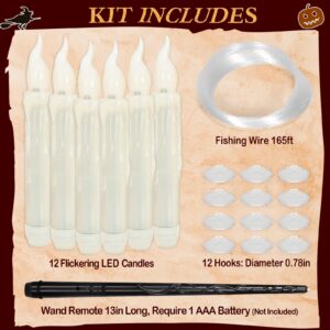 Halloween Decorations - 12PCS Floating Candles with Wand Remote, Magic Hanging, Battery Operated Flickering Warm Light Flameless LED Taper Candles for Table Indoor Outdoor Birthday Christmas Party