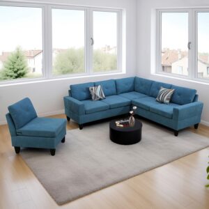 sienwiey velvet convertible sectional sofa，fabric combination sectional couch l shaped sofa 4 pieces for living room furniture apartment living room,blue