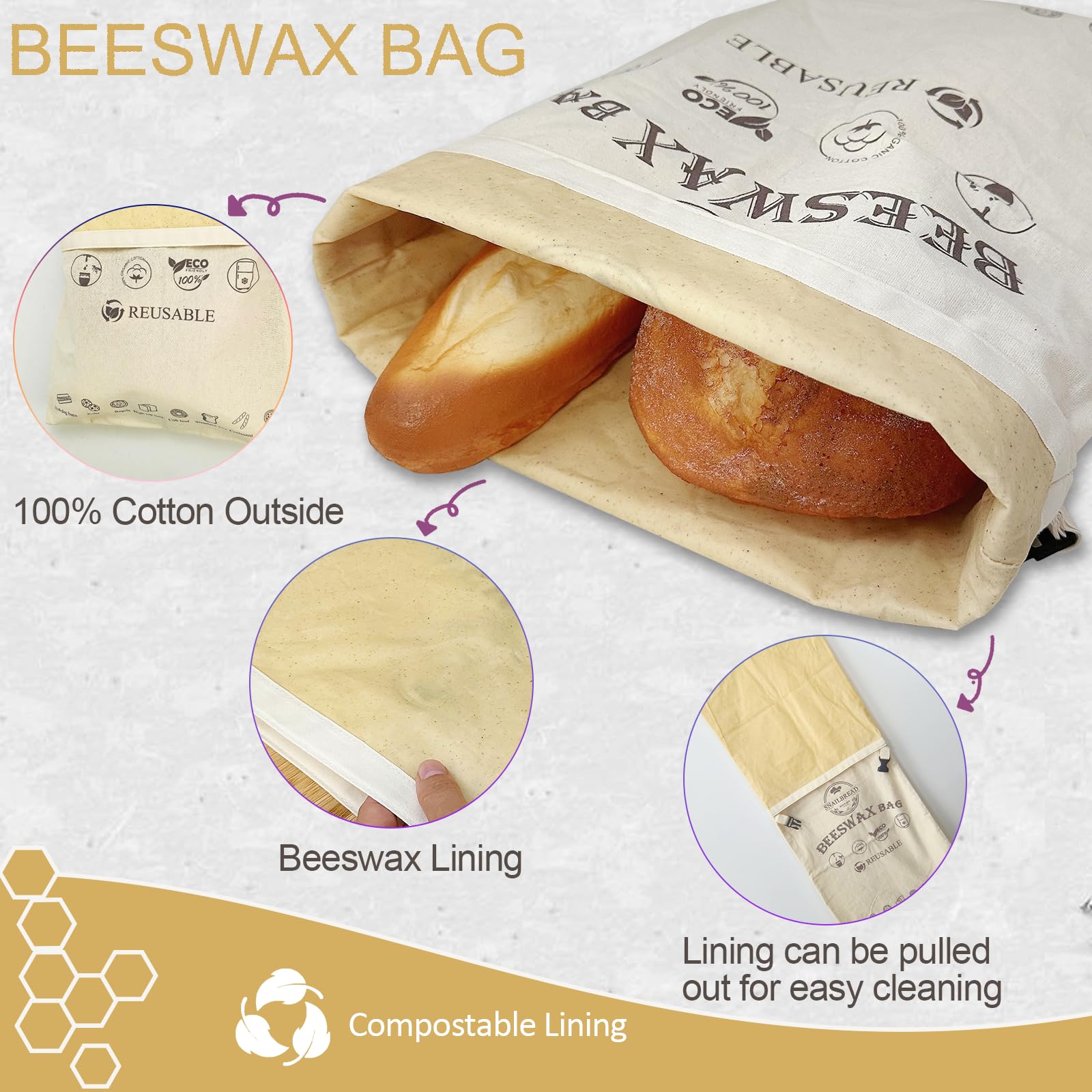 SNAILBREAD Reusable Bread Bags for Homemade Bread: 2 PCS Cotton Beeswax Bread Storage Bags for Keeping Sourdough Bread Loaf Fresh, Beeswax Bread Container 13x17in