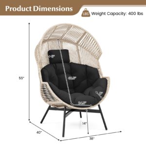 Tangkula Oversized Egg Style Chair, Wicker Stationary Patio Egg Chair w/Cushions & Headrest, Heavy-Duty Metal Frame, Patio Lounge Basket Sofa Chair for Yard, Porch, Living Room