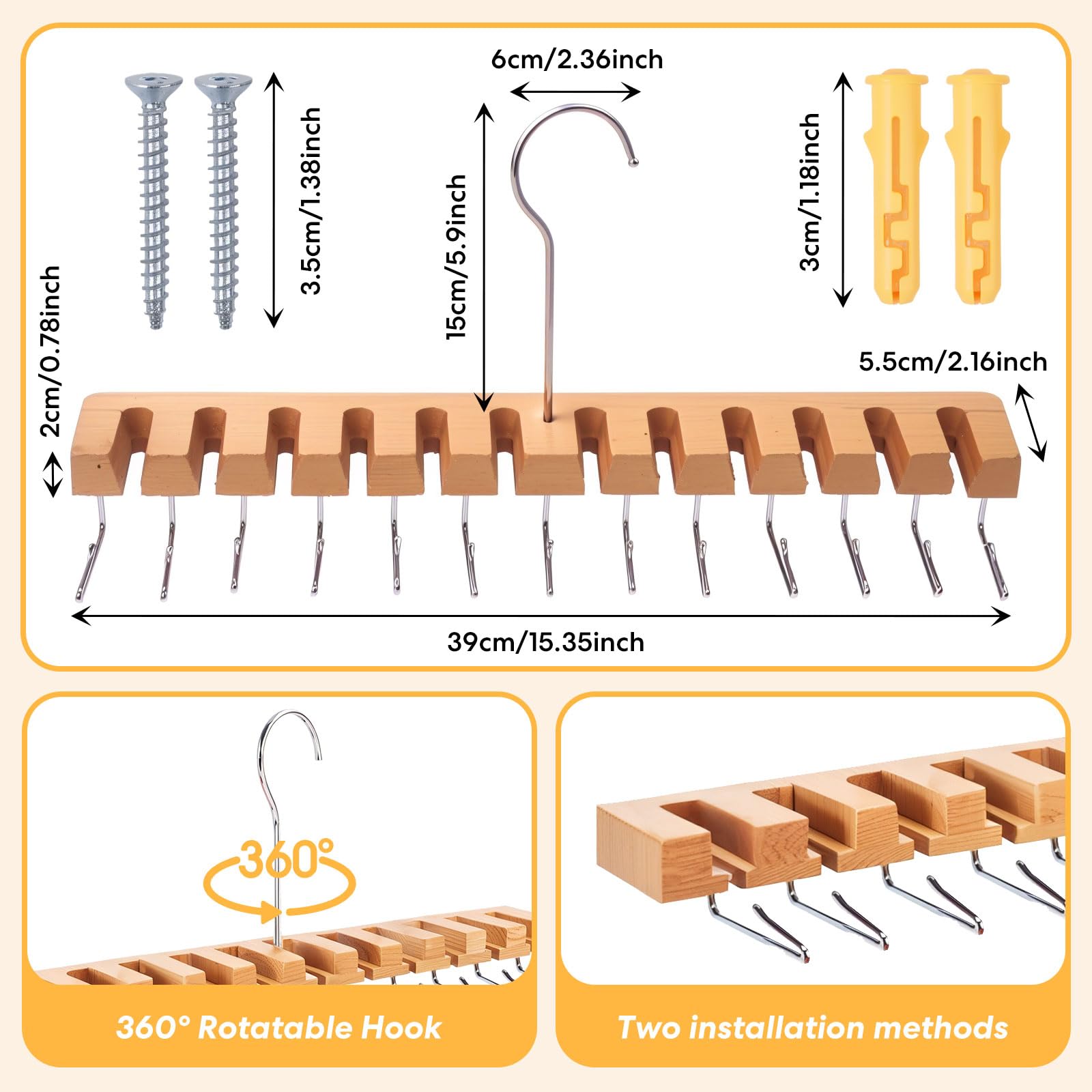 2 Pack Tie Rack Belt Hanger for Closet, 2 in 1 Tie Organizer Wall Mount, 12 Belts + 11 Ties Holder for Men, Wooden Belt Holder Storage for Belts Scarves