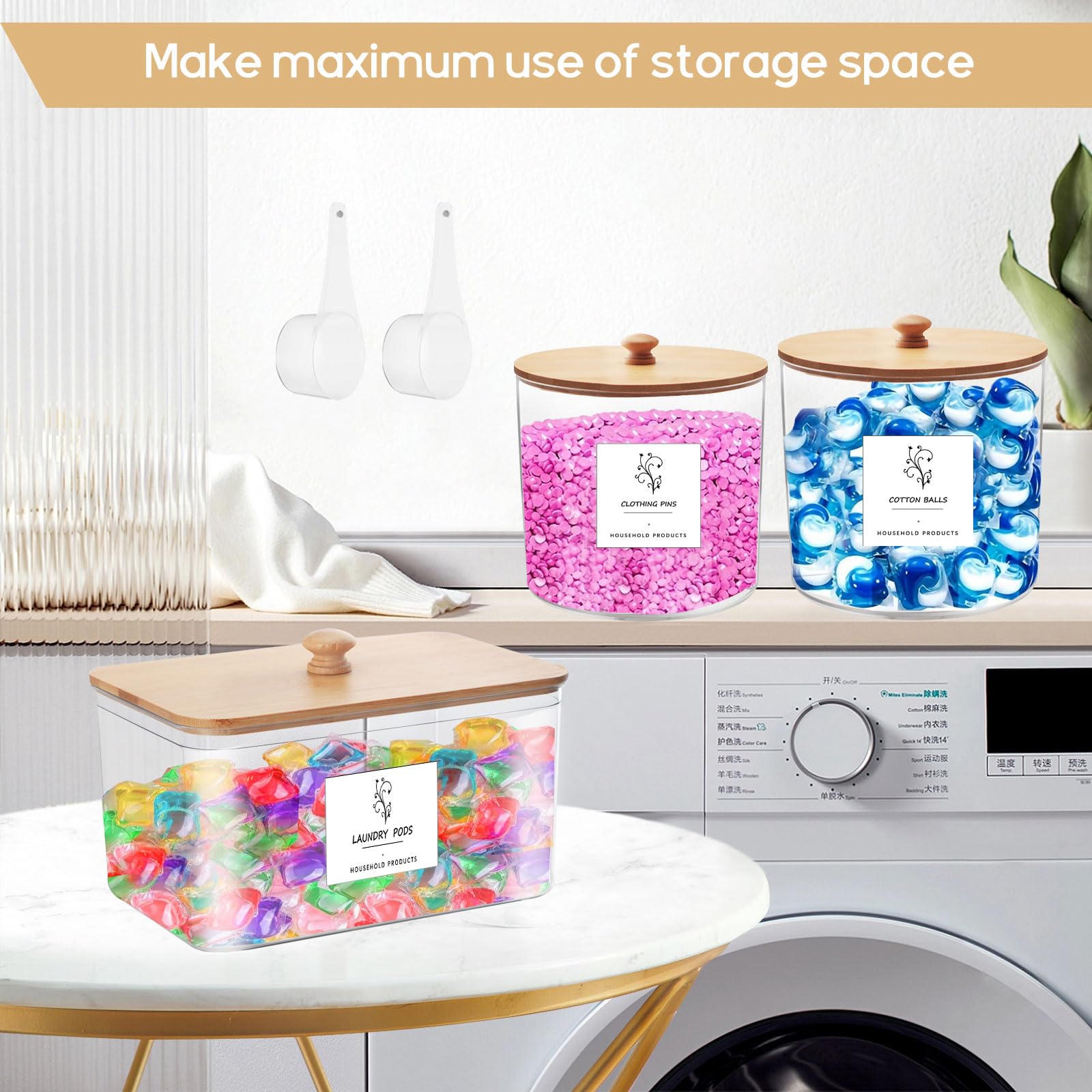 3 Pack Laundry Powder Container & Dryer Sheet Holder, Large Acrylic Laundry Room Organization and Storage Jars with Lids, Labels and Scoops, Laundry Organizer for Pods, Soap, Detergent, Scent Booster