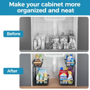 Under Sink Storage Organizer, 2 Tier Pull Out Sliding Under Sink Organizers and Storage Shelf Drawers for Bathroom Kitchen, 2 Pack Metal Adjustable Kitchen Bathroom Under Cabinet Organizer Storage.