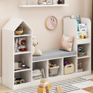 vabches toy storage organizer for kids bookshelf with reading nook, multifunctional kids bookcase with 9 storage cubbies and large seat cushion for keeping kids' toys books organized, white