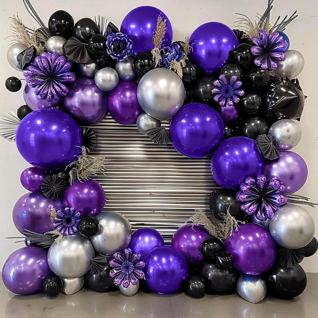 Purple Black Silver Balloon Garland - Double Stuffed Dark Purple Black Balloons Metallic Purple Silver Balloons Lavender Lilac Balloon Arch Kit for Birthday Baby Shower Anniversary Wedding Party Decor