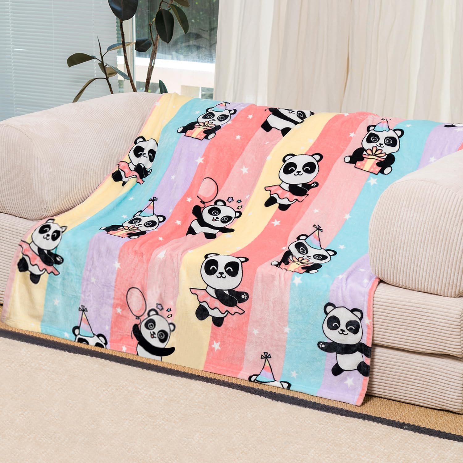 WMBLKT Cute Panda Blanket, Warm and Plush Rainbow Throw, Great Gifts for Kids Boys and Girls, 50x60 Inches