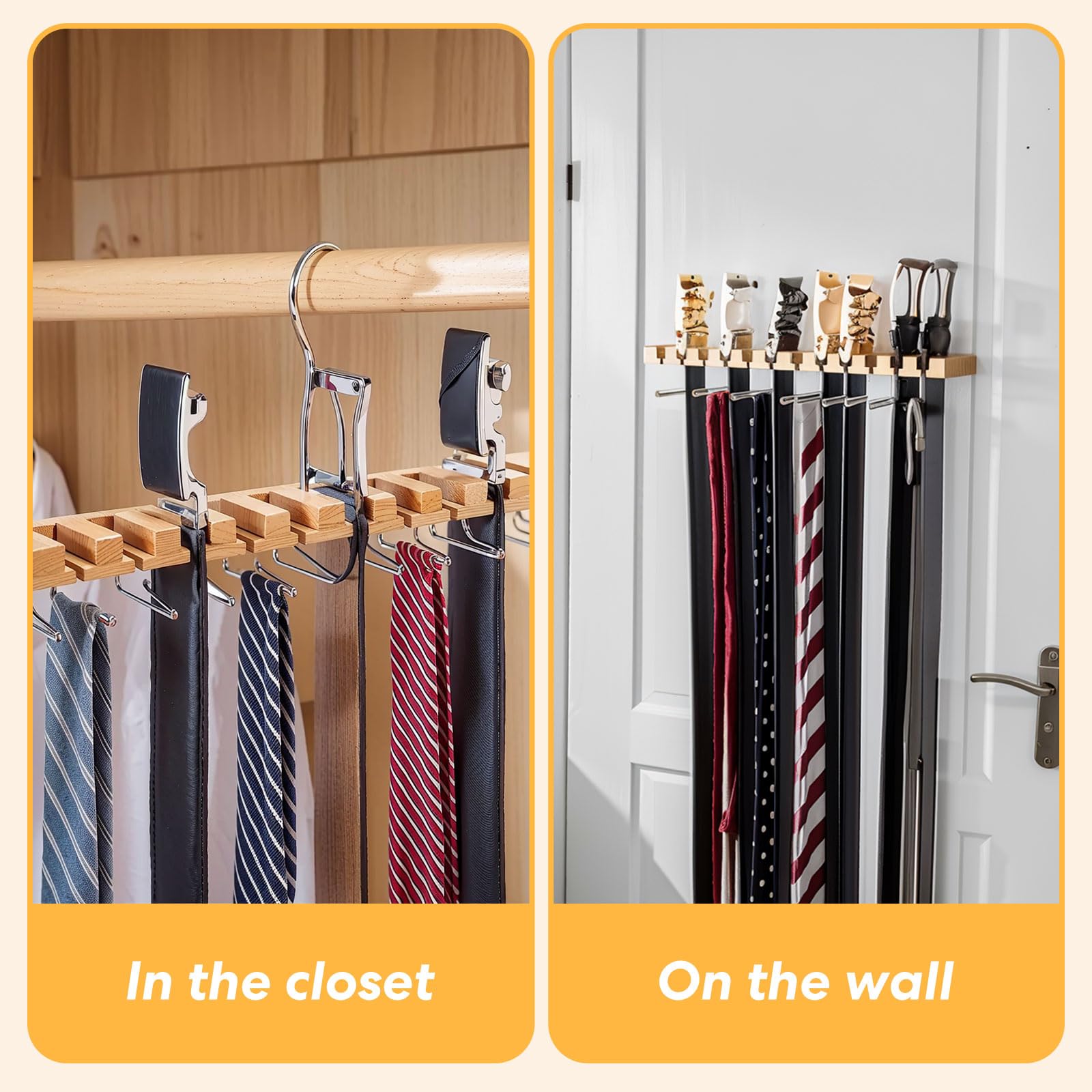 2 Pack Tie Rack Belt Hanger for Closet, 2 in 1 Tie Organizer Wall Mount, 12 Belts + 11 Ties Holder for Men, Wooden Belt Holder Storage for Belts Scarves