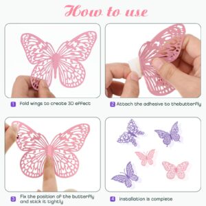 3D Gold Butterfly Wall Decor 48Pcs 3 Sizes 4 Styles Butterfly Party Decorations Cake Decorations Removable Stickers Wall Decor Room Mural Metallic Kids (Purple+Pink)