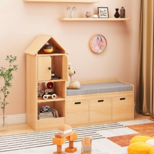 Kids Bookcase and Bookshelf with Reading Nook, Multifunctional Bookcase with 3 Open Storage Cubbies and 3 Drawers, Bookcase with Seat Cushion for Toy Storage Organizer Children's Room, Bedroom, Oak