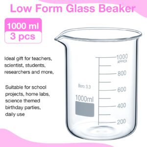 Relaxweex 3 Pcs 1000ml Beaker 3.3 Borosilicate Glass Beakers Griffin Low Form Beaker Measuring Cups with Scale Graduation Measuring Beaker for Laboratory School Projects Science Themed Party Daily Use