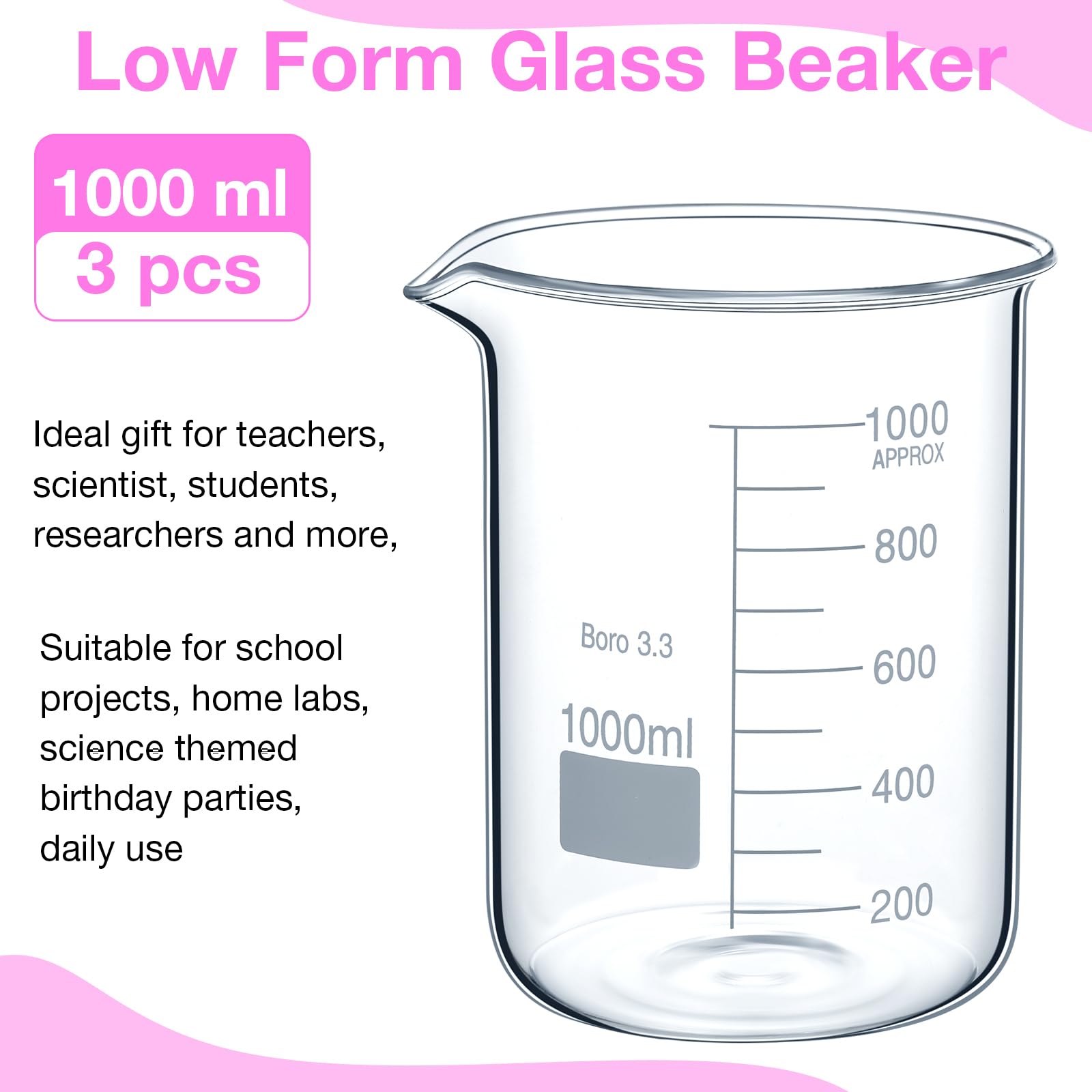 Relaxweex 3 Pcs 1000ml Beaker 3.3 Borosilicate Glass Beakers Griffin Low Form Beaker Measuring Cups with Scale Graduation Measuring Beaker for Laboratory School Projects Science Themed Party Daily Use