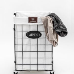 LargeROO Wire laundry Basket with Wheels & Removable Liner Bag for Bedroom, Small 72L Laundry Hampers Black Rolling Baskets Dirty Clothes Hamper on Wheels