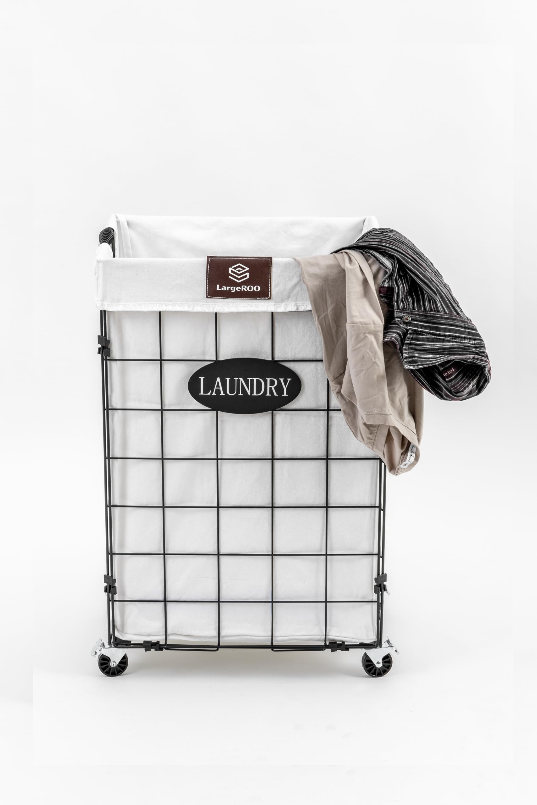 LargeROO Wire laundry Basket with Wheels & Removable Liner Bag for Bedroom, Small 72L Laundry Hampers Black Rolling Baskets Dirty Clothes Hamper on Wheels