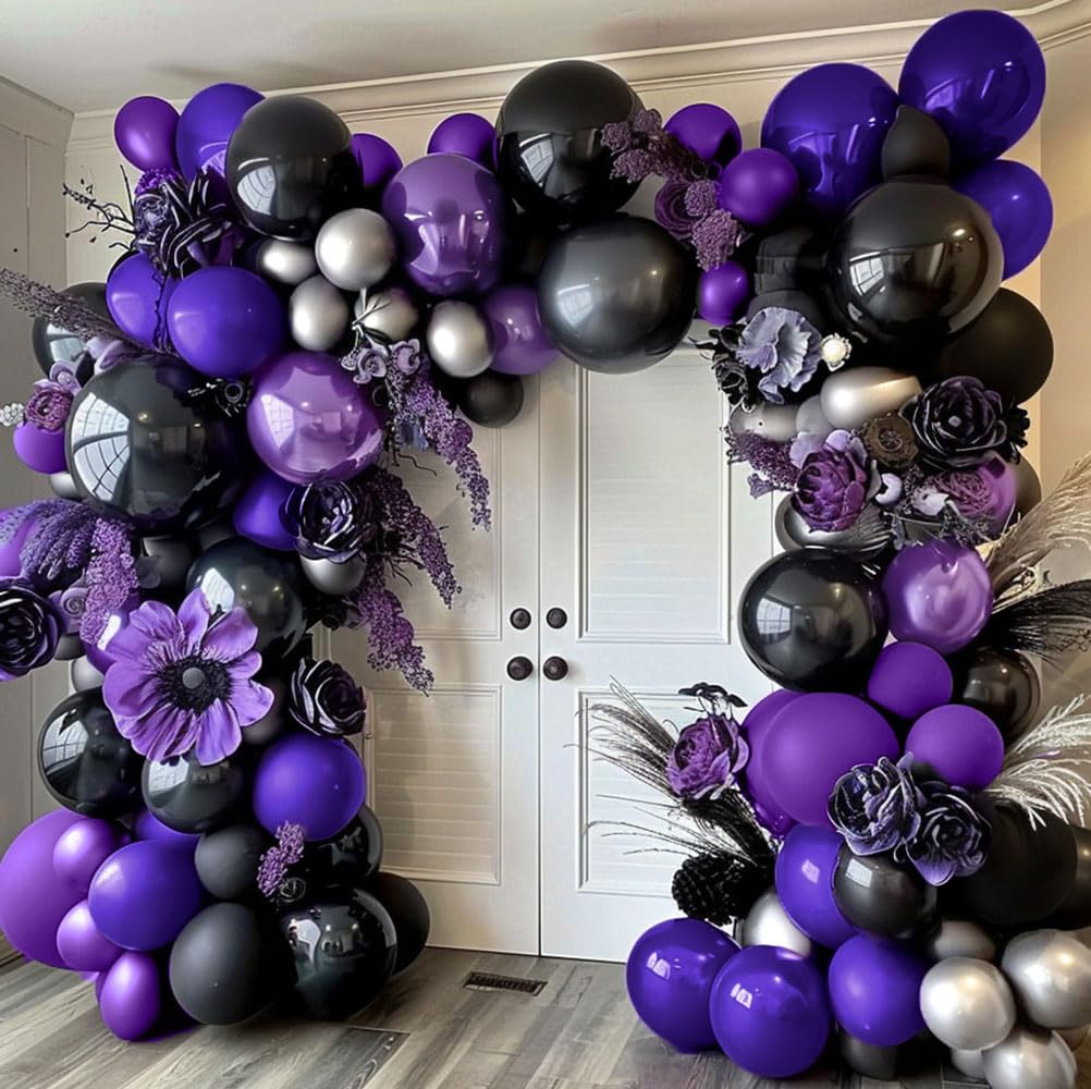 Purple Black Silver Balloon Garland - Double Stuffed Dark Purple Black Balloons Metallic Purple Silver Balloons Lavender Lilac Balloon Arch Kit for Birthday Baby Shower Anniversary Wedding Party Decor