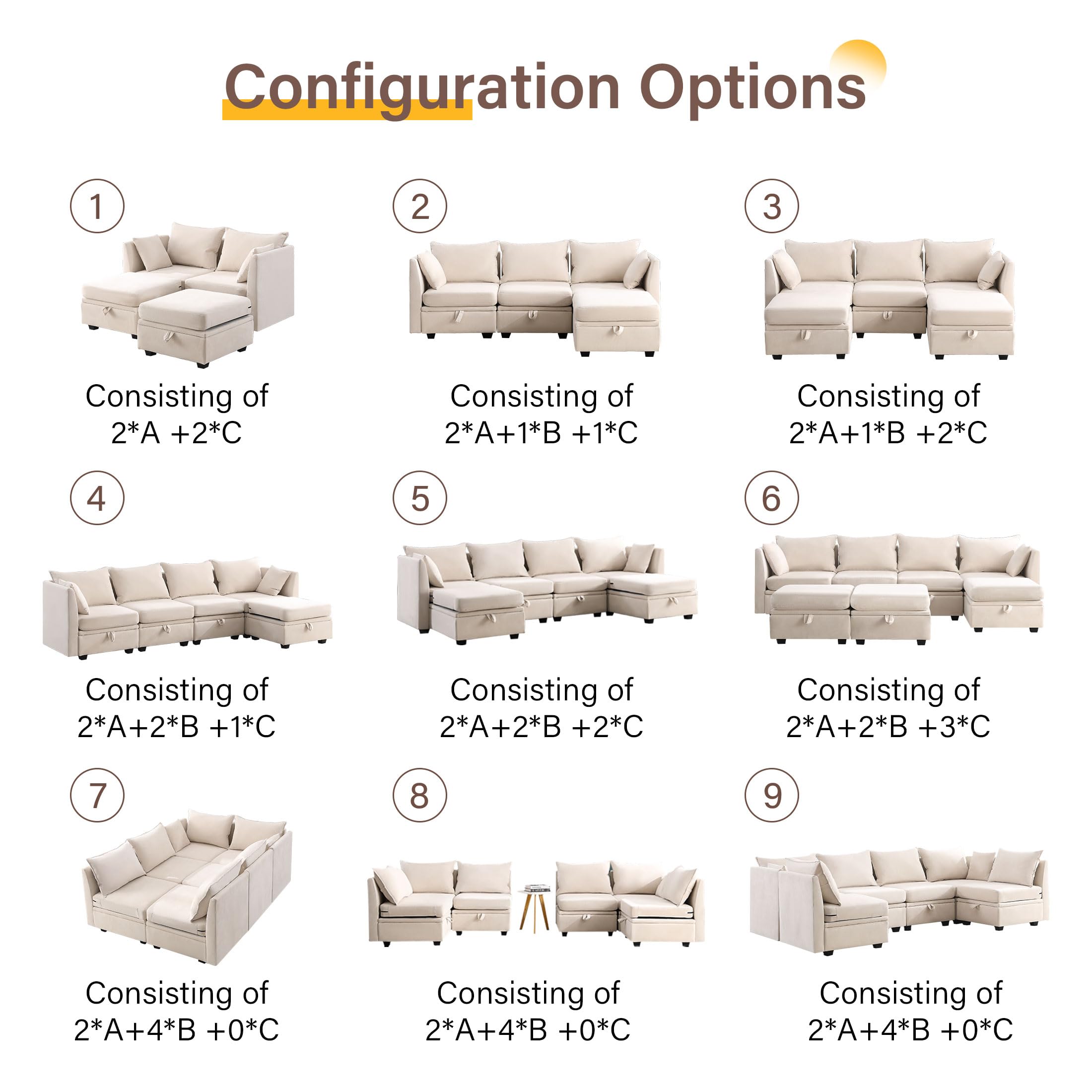 JMYMRY Modular Sectional Sofa, Convertible Sofa Couch with Storage, Flexible Modular Combinations Fabric Couch for Living Room (Beige, Ottoman Module)