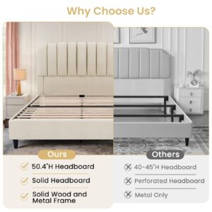 HALLYBEE 50.4" H Queen Bed Frame with Headboard Linen Fabric Platform Bed Frame Queen Size, Chic and Elegant Upholstered Bed Frame Queen, Bedframe No Box Spring Needed, Mattress Foundation, Beige