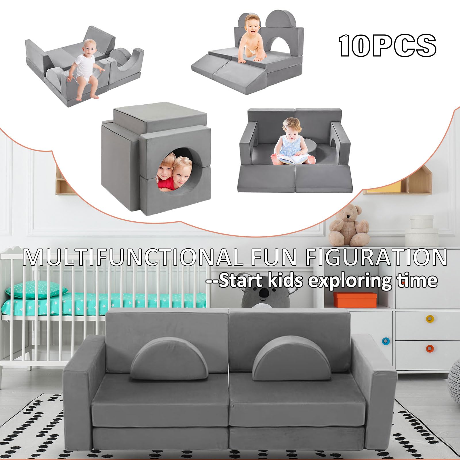 Modular Kids Play Couch for Playroom,10 in 1 Multifunctional Kids Foam Couch，Toddler Couch Building Fort,Child Sectional Sofa,Kids Sofa Couch for Toddler and Baby Playing,Boost Creativity,Gray