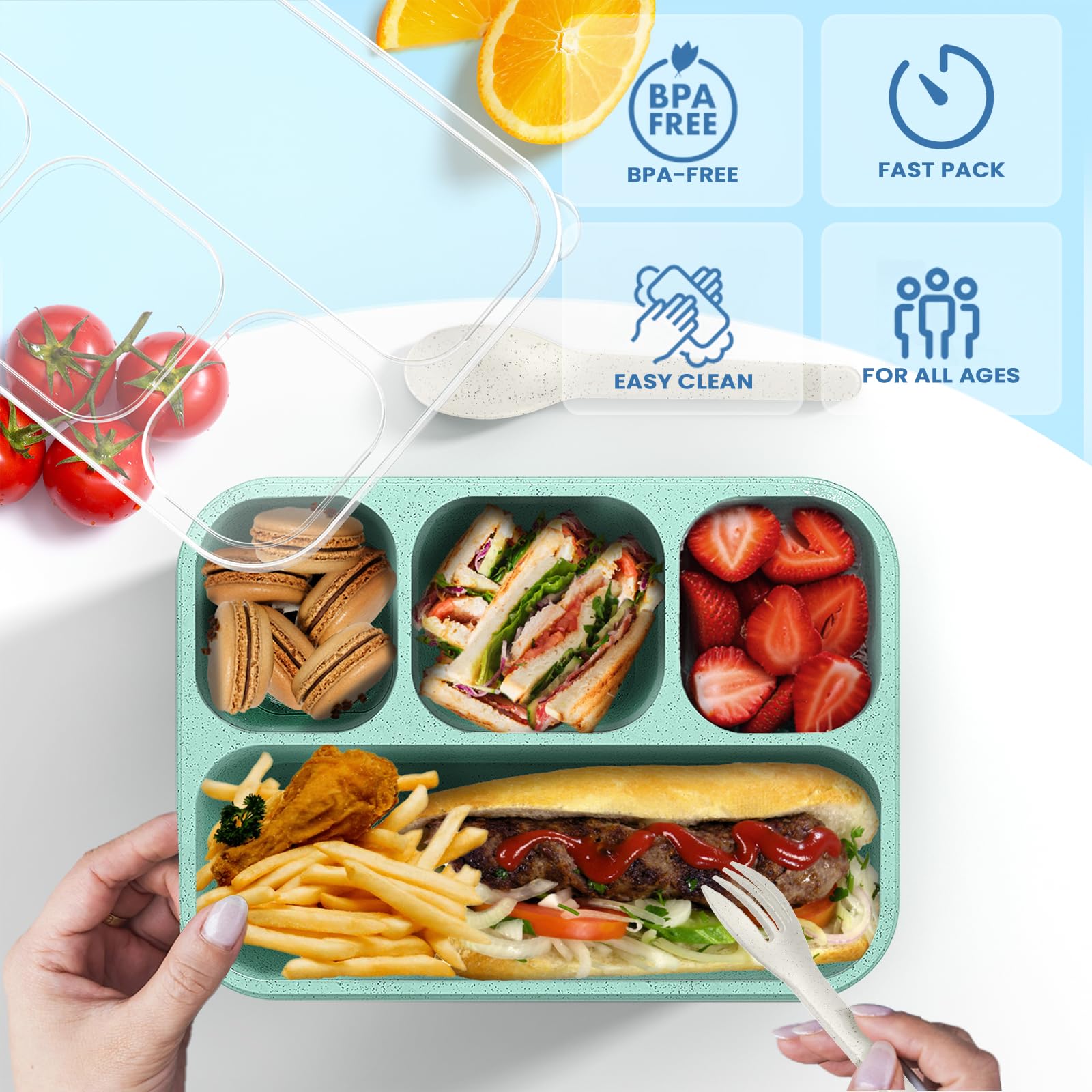 Yumuk Bento Box Adult Lunch Box (4 Pack) - 4-Compartment Snackle Box Container Bento Box for Kids/Adults, 44Oz/1300ML Meal Prep Containers Reusable with 2 Sauce Containers & Utensils (Wheat)