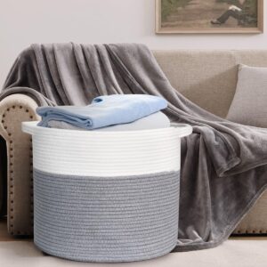 ArcaGuru Cotton Rope Basket, Round Woven Baskets for Storage, Blanket Basket Living Room, Storage Basket with Handles for Book, Clothes for Organizing, 15.8”x15.8”x13.8”, White & Dark Grey