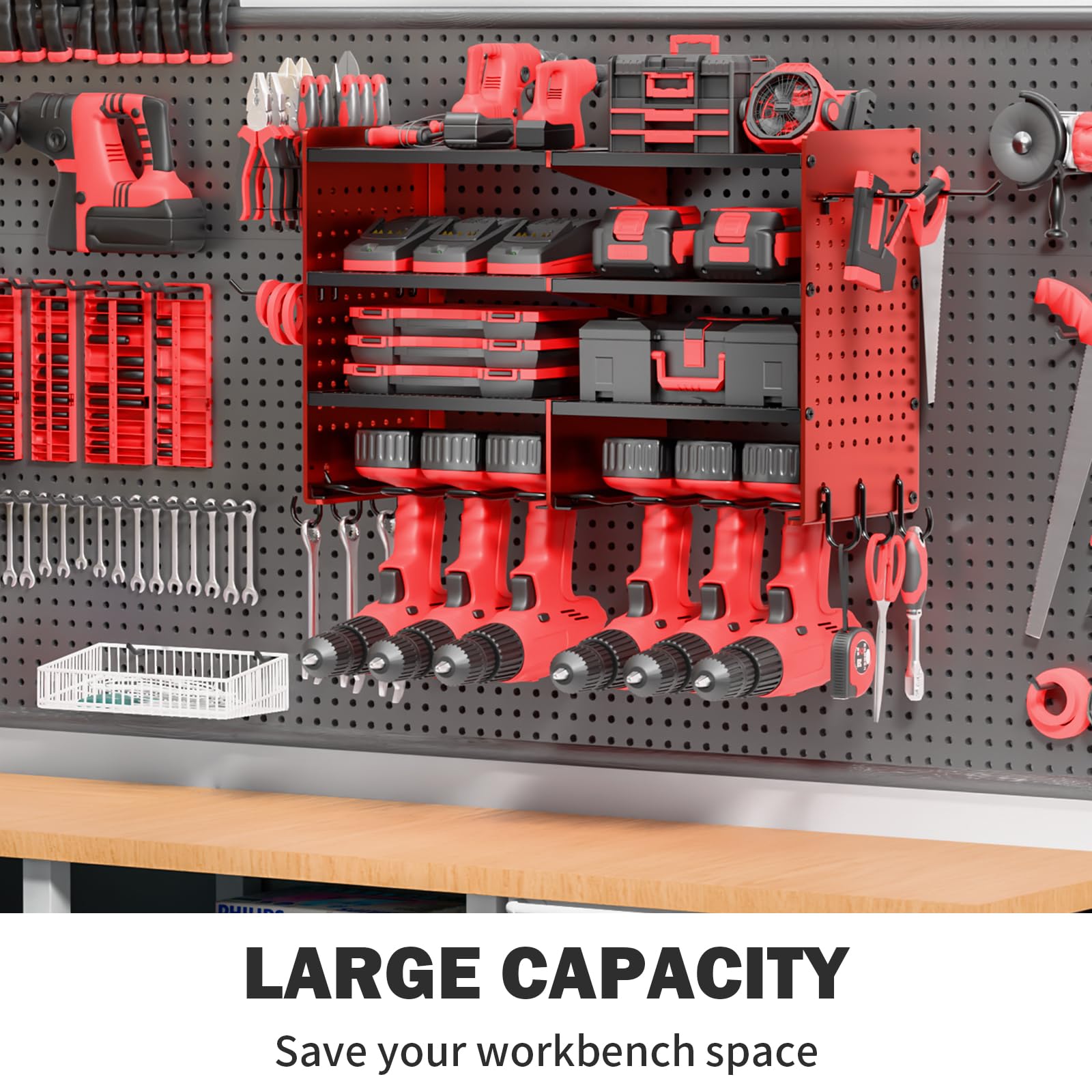 TomCare Power Tool Organizer Wall Mount 4 Layer Tool Storage Rack Heavy Duty Metal 6 Drill Holders Garage Tool Organizers and Storage Shelves with Screwdriver Holder Plier Holder for Garage Workshop