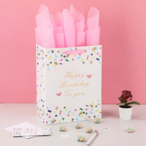 13" Large White Gift Bag Set with Greeting Card and Tissue Papers (Geometric Confetti Shapes Design) for Girls’, Boys' or Kids' Birthday Party, Women's or Men's Birthday Parties, Baby Shower - 10.2”x5.2”x13”, 1 Pcs.