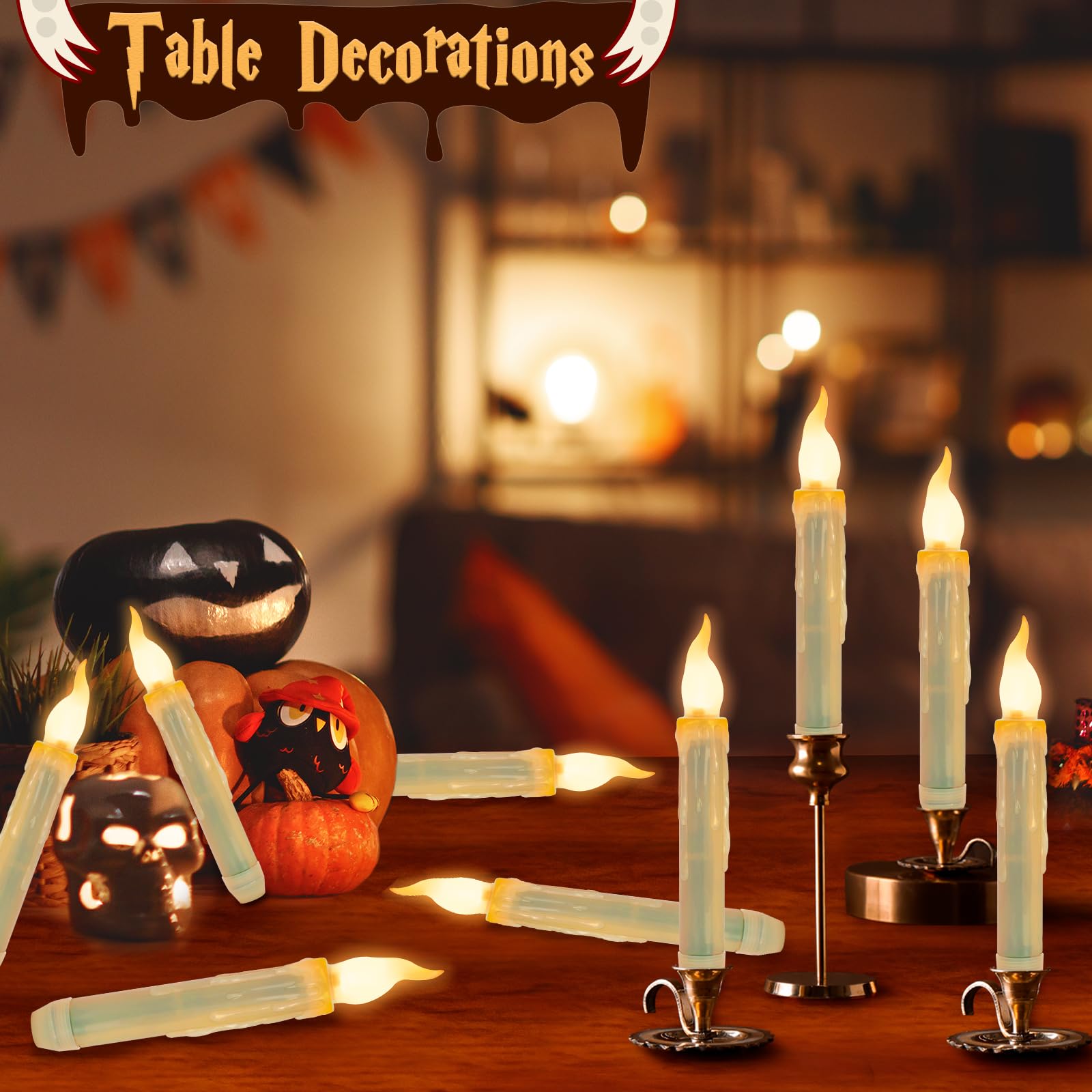 Halloween Decorations - 12PCS Floating Candles with Wand Remote, Magic Hanging, Battery Operated Flickering Warm Light Flameless LED Taper Candles for Table Indoor Outdoor Birthday Christmas Party