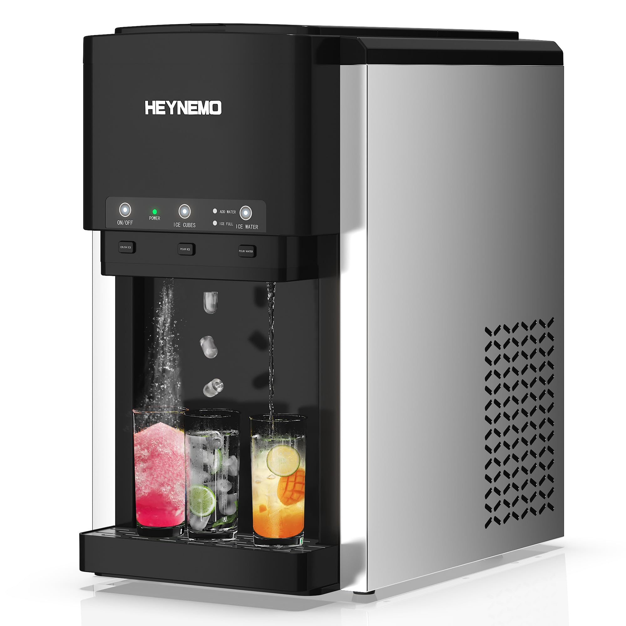 HEYNEMO Nugget Ice Maker Countertop, 3 in 1 Ice Dispenser for Ice Making, Ice Crushing & Ice Water, Water Cooler, 44lbs in 24Hrs, 12 Ice Cubes in 6 Mins, Ideal for Home, Kitchen, RV