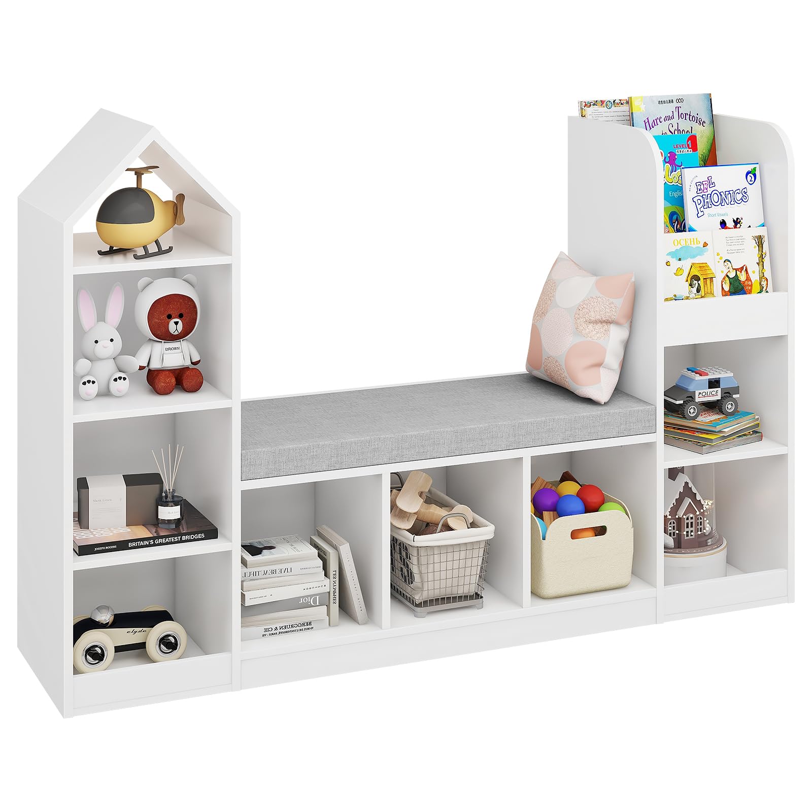 Vabches Toy Storage Organizer for Kids Bookshelf with Reading Nook, Multifunctional Kids Bookcase with 9 Storage Cubbies and Large Seat Cushion for Keeping Kids' Toys Books Organized, White